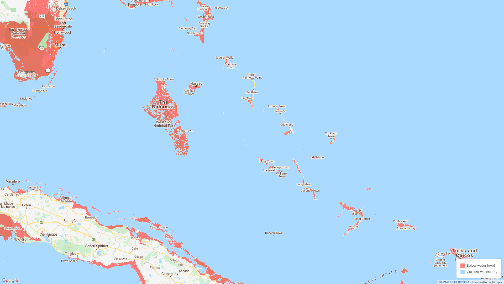 Zonas de Las Bahamas e islas aledañas más afectadas por escenarios de marea alta - Mapa por Climate Central
