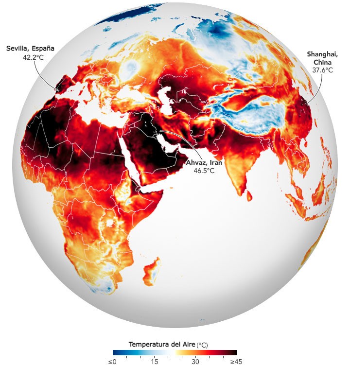 Olas decalor abrasadoras en Europa, el norte de África, Oriente Medio y Asia. - Fuente: Observatorio de la Tierra de la NASA