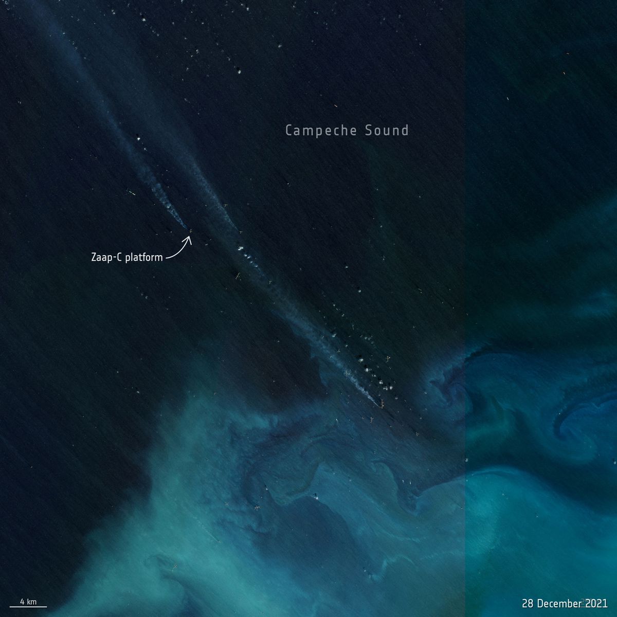 Imagen satelital de la ubicación de la plataforma marina Zaap-C con otras plataformas en el Golfo de México. - Foto IGO/Reuters
