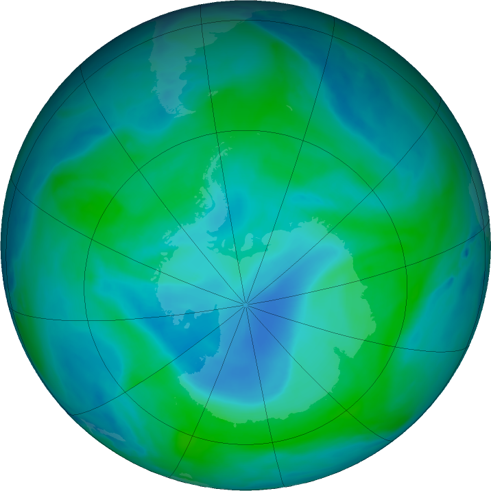 Agujero en la capa de ozono sobre el polo de la Antártida en enero 2023. - Mapa NASA.