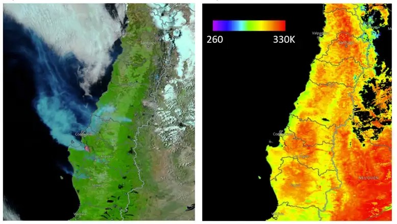 Mapa del humo y la temperatura durante los incendios de la región de Ñuble y Bío-Bío - René Garreaud/NASA