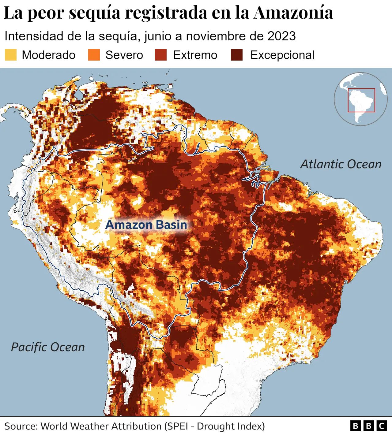 Registro de sequía en Brasil Sudamérica durante 2023. - Gráfica BBC