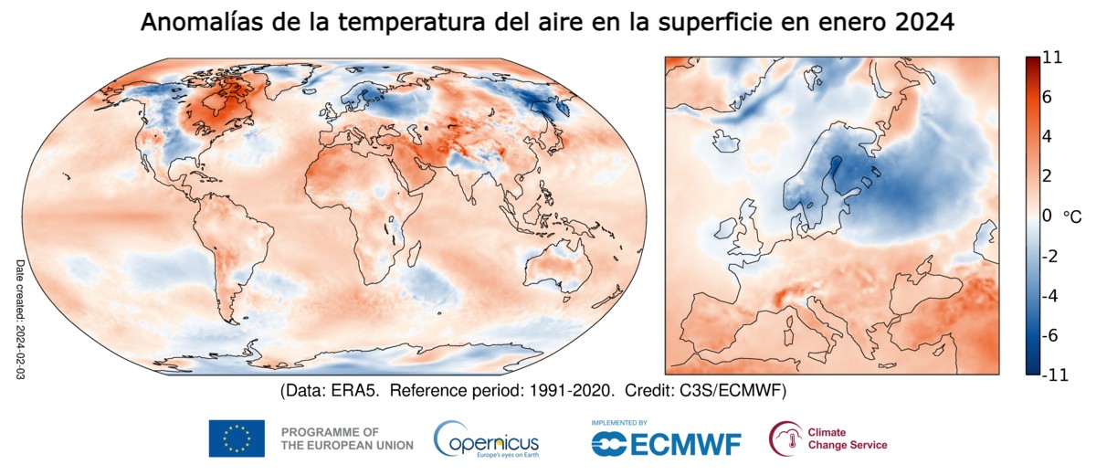 Temperatura en el aire en la superficie de la Tierra en Enero. - Gráfica Copernicus