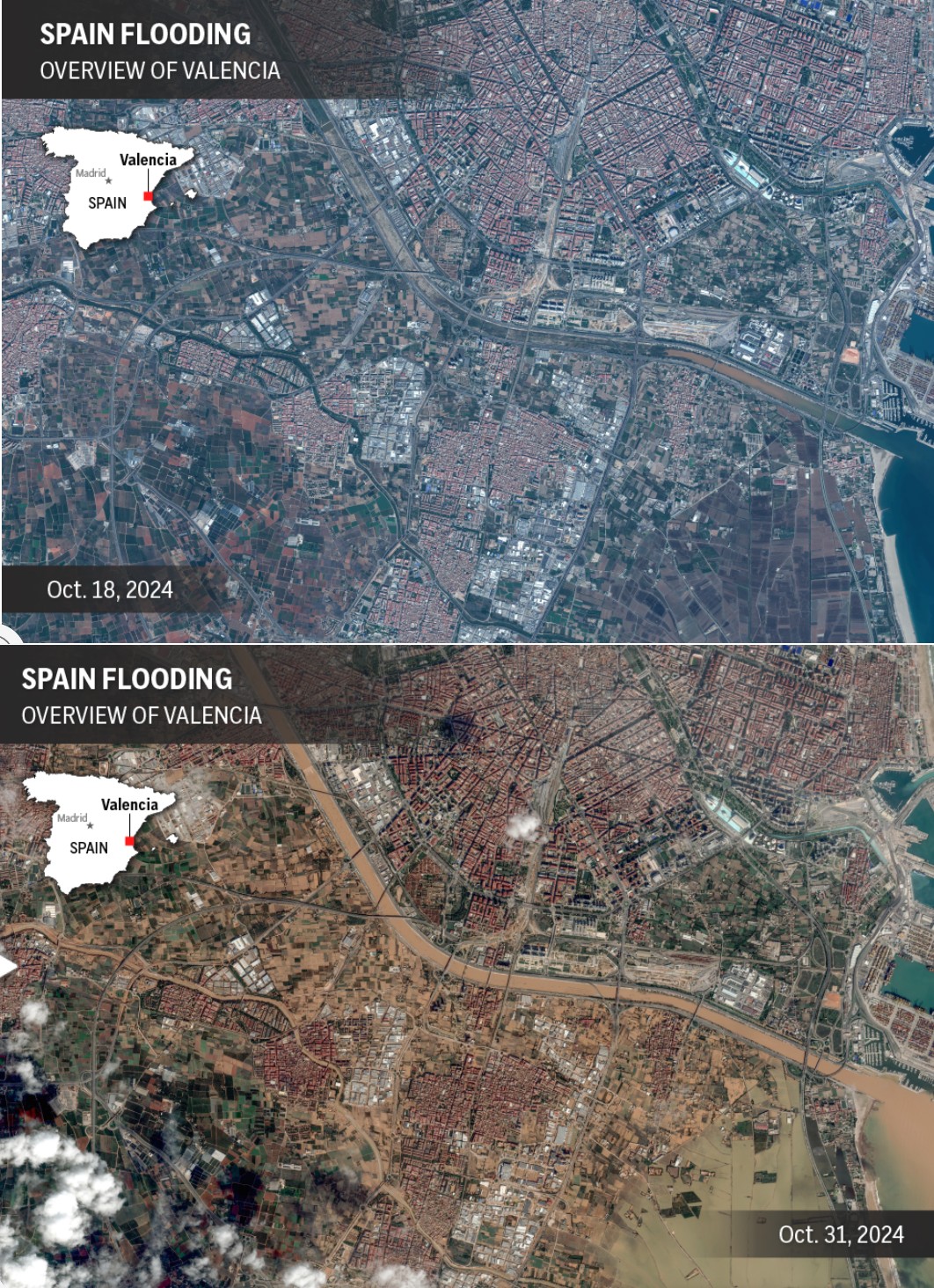 Comparación de la ciudad antes y después de las inundaciones. - Foto satelital Maxar Technologies