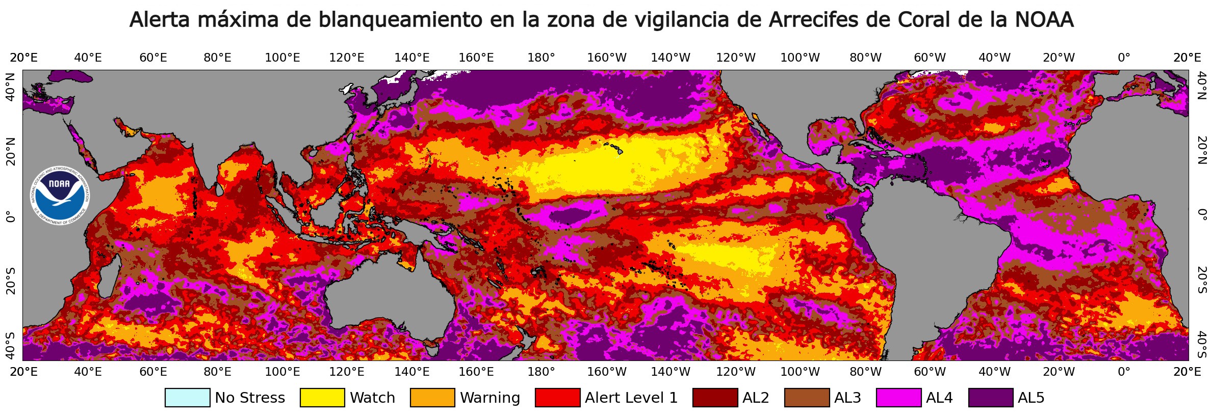 Período de observación del estrés térmico acumulado que han experimentado los arrecifes de coral en todo el mundo desde el 1 de enero de 2023. - NOAA