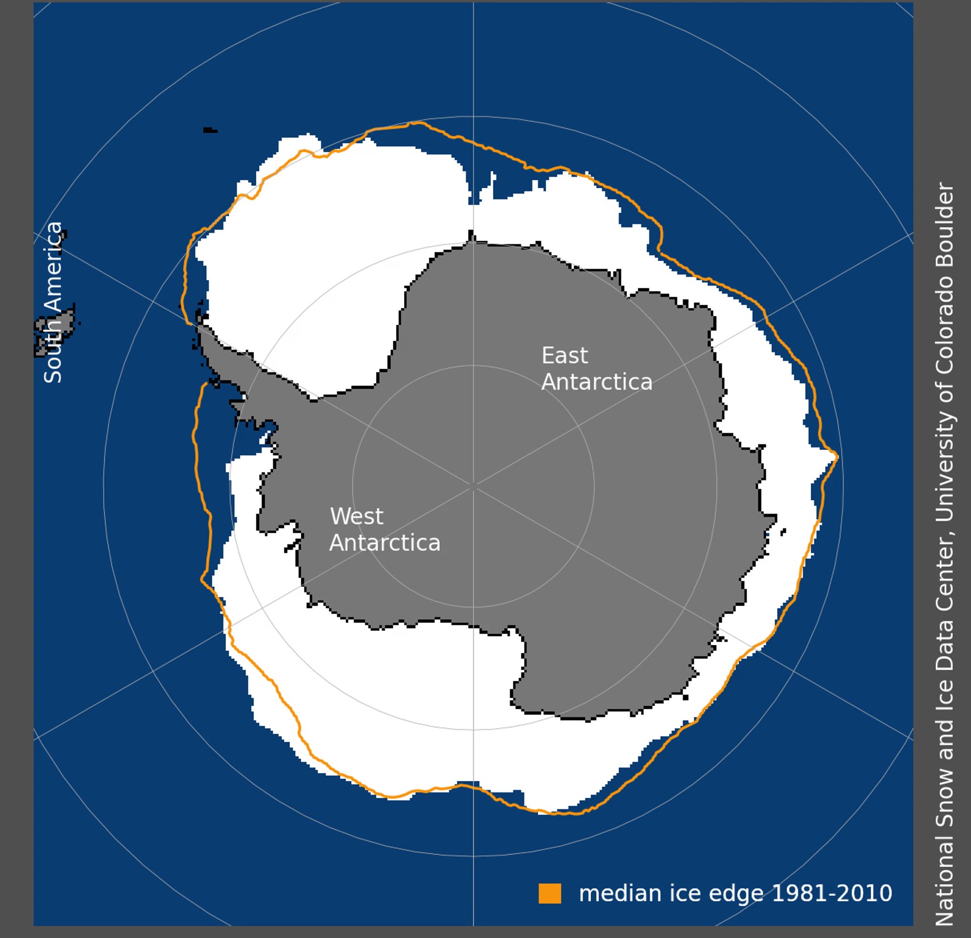Visualización de la cobertura de hielo actual comparada con la cobertura en 1981-2010 (línea naranja). 